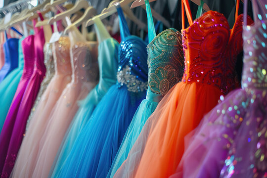 vibrant prom dresses on hangers in a store, colorful fashion selection
