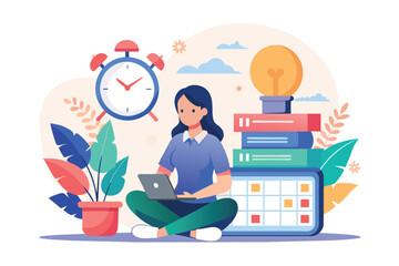 A woman is seated on the floor, using a laptop in front of a tall stack of books, Tiny woman setting study time reminder, time management, Simple and minimalist flat Vector Illustration
