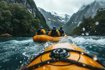 Adventurous white water rafting in scenic mountain river