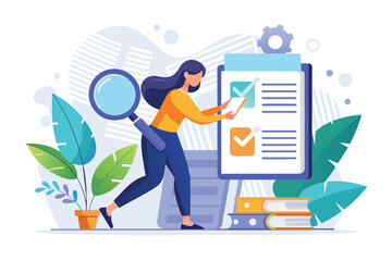 A woman holding a clipboard and checking off items on a checklist, Tiny woman with guide instructions or handbooks, searching on user manual, Simple and minimalist flat Vector Illustration