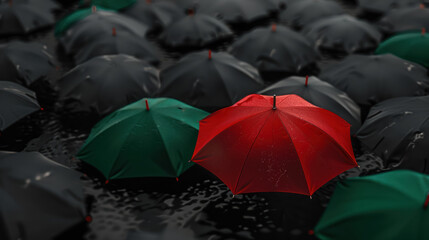  standout red umbrella among black umbrellas with water drops, concept of individuality