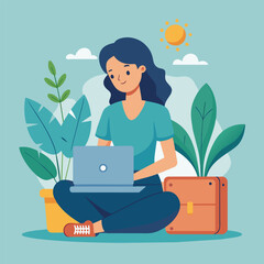 A woman sitting on the ground, using a laptop, Tiny woman working with laptop, sitting on briefcase, Simple and minimalist flat Vector Illustration