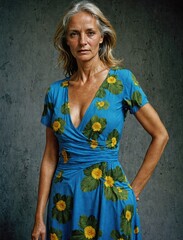 Naklejka premium Vêtue d'une robe bleu fleurie, une femme rayonne de beauté devant l'objectif, sa posture gracieuse et son allure confiante captivent l'attention, créant une image empreinte de délicatesse et d'éléganc