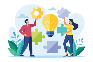 A man and a woman stand next to a light bulb, brainstorming business ideas and solutions, Together looking for business solutions, jigsaw bulb, Simple and minimalist flat Vector Illustration