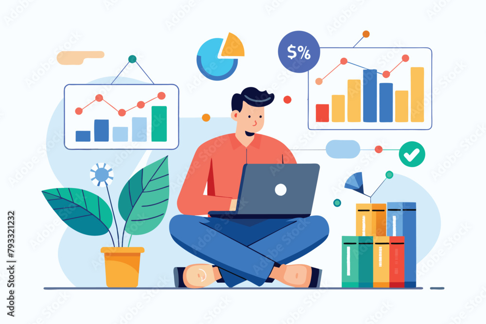 Canvas Prints A man sitting on the floor, engrossed in using a laptop, Trading analyst data trending, Simple and minimalist flat Vector Illustration