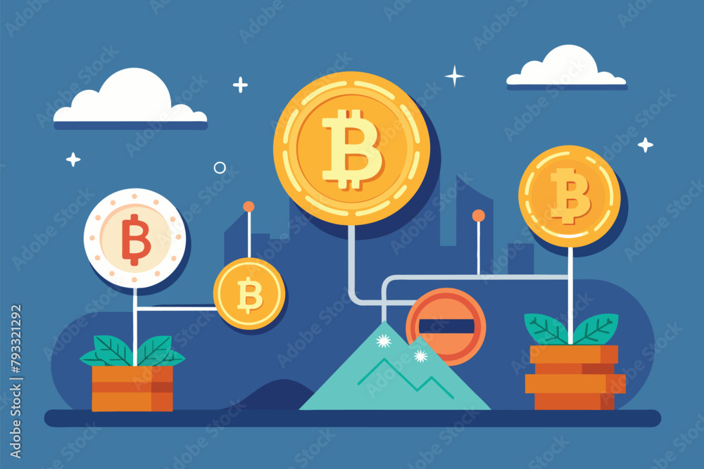Poster bitcoin coin resting on a stack of gleaming gold coins against a vibrant blue backdrop, trading bitc