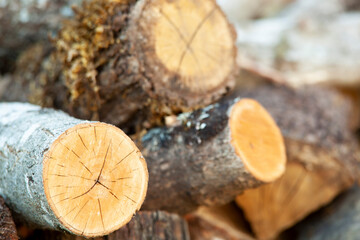 Natural wooden background - close-up of chopped firewood. A pile of firewood stacked and prepared...