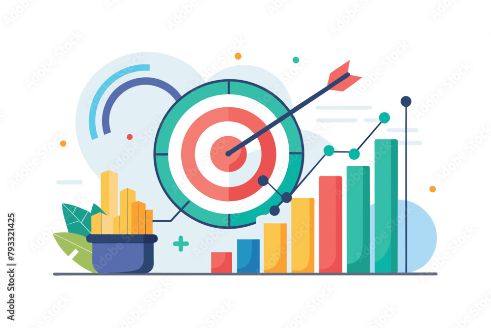 Poster dart dart hits bulls eye at the center of a bar chart, representing precision and accuracy in tradin
