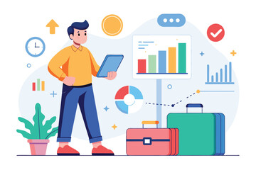A man stands in front of luggage, holding a tablet in hand, Travel business data analyst trending, Simple and minimalist flat Vector Illustration