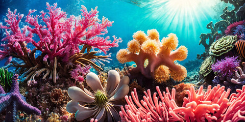 Fototapeta na wymiar Illustration of underwater world with colorful tropical corals and sunlight streaming through the sea water. Beauty of the coral reef.