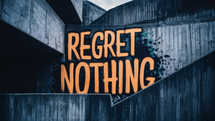 Urban wall with spray painted graffiti word 'regret nothing' on its rough grunge textured surface, thought provoking emotive concept with copy space for extra text and phrases.