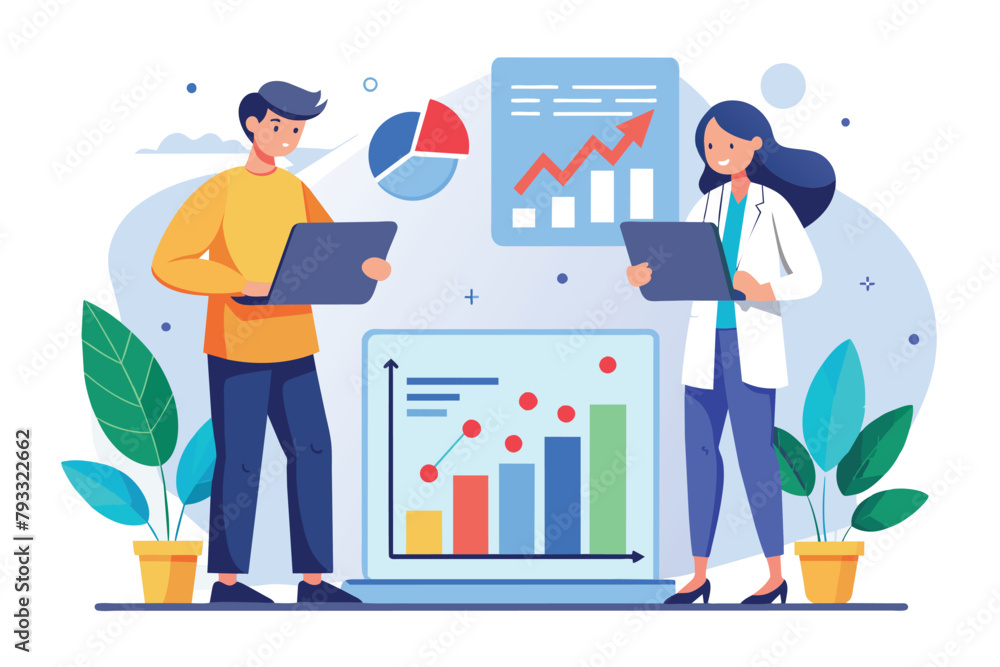Aufkleber a man and woman are analyzing simple and min growth data shown on a chart, two analysis analyzing gr