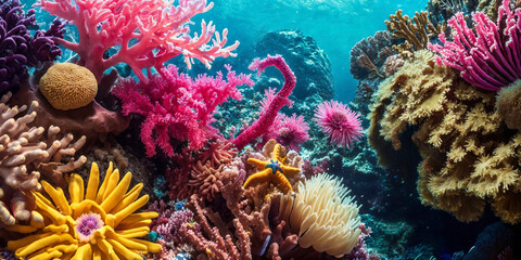 Naklejka na ściany i meble Illustration of underwater world with colorful tropical corals and sunlight streaming through the sea water. Beauty of the coral reef.