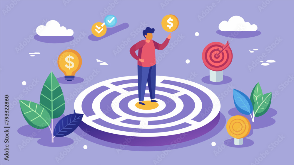 Poster a person standing at the center of a maze surrounded by symbols of different assets and investments 