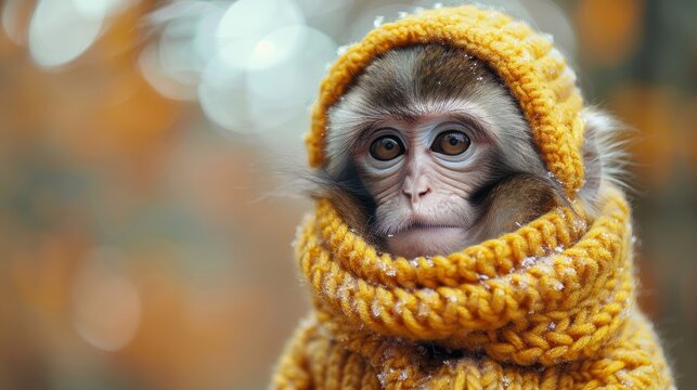 Cozy monkey wrapped in knitted scarf