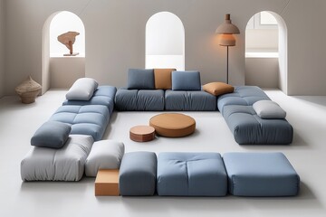 Tranquil modern office  soft furnishings meld with light blue accents in a serene corporate setting