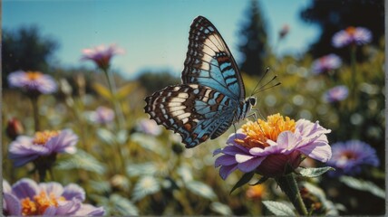 Fluttering Explorer: Vibrant Butterfly on Pink Zinnias