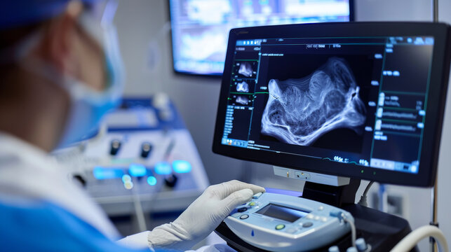 Close-up photo of a medical professional performing ultrasound on swollen legs to diagnose venous disorders