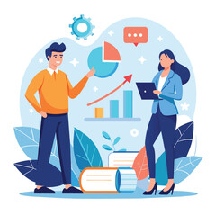 A man and a woman are standing next to each other, analyzing a business strategy, two business people analyzing business strategy growth, Simple and minimalist flat Vector Illustration