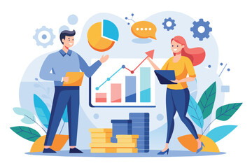 A man and a woman stand in front of a chart, analyzing business strategy together, two business people analyzing business strategy growth, Simple and minimalist flat Vector Illustration