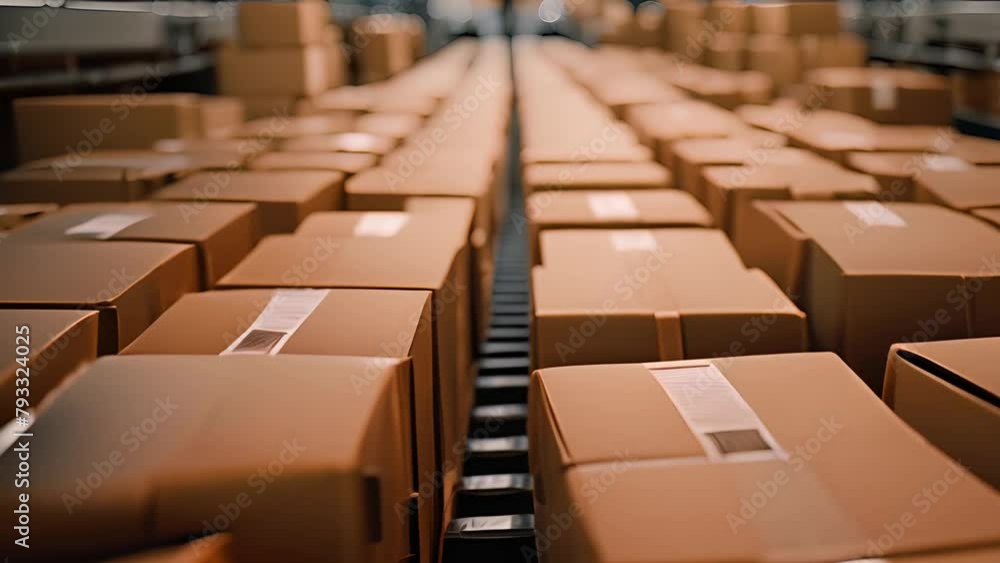 Poster rows of cardboard boxes in a warehouse generative ai