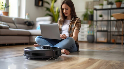 a professional woman multitasking in her home office using a laptop while a robotic vacuum cleaner efficiently cleans the floor