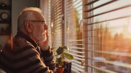 A reflective elderly man looking through window blinds at sunset.