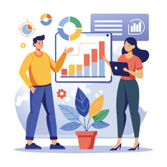 A man and a woman standing in front of a chart, analyzing stock market growth, Two business people analyzing stock market growth data, Simple and minimalist flat Vector Illustration