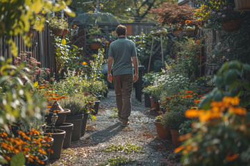 A landscaper stands amidst a lush garden, with vibrant plants and pathways leading into the serene greenery.