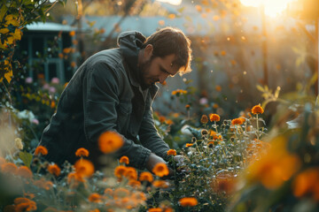 A landscaper is attentively working in a sunlit garden surrounded by vibrant flowers.