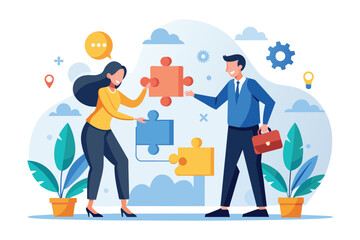 Man and Woman Holding Puzzle Piece, two business people are looking for a solution to a business problem, Simple and minimalist flat Vector Illustration