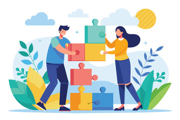 A man and a woman, both business executives, are holding and connecting a puzzle piece together, two business people building a working puzzle, Simple and minimalist flat Vector Illustration
