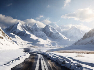 Daylight view of a mountain range road - Hiking trail through winter snowy mountains