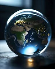 The planet earth enclosed in a glass sphere.