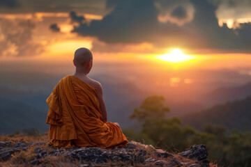 Obraz premium A Thai Buddhist monk sits on a hill in the lotus position and prays. Rear view of the monk. Early morning, sunrise. Picturesque nature