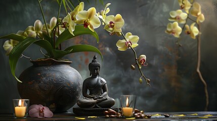 Spa still life of orchid flower in vase and budhha
