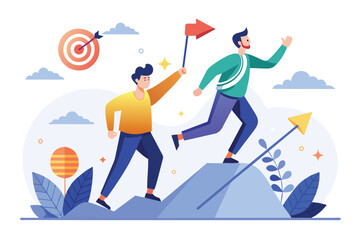 Two Men Running Up a Hill to Reach a Target, Two mans, goal focused, increase motivation, way to achieve the goal, support and teamwork, Simple and minimalist flat Vector Illustration