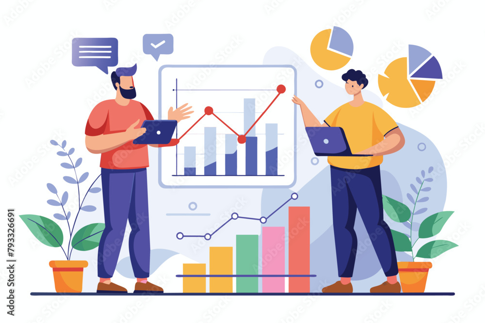 Poster two individuals standing in front of a whiteboard with growth data graphs, engaged in analysis and d