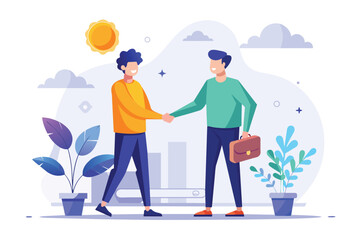 Two men shaking hands in front of a plant, celebrating a successful business deal, Two men are shaking hands on success in their business, Simple and minimalist flat Vector Illustration