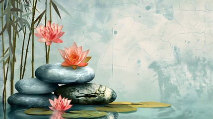 Stones, bamboo and lotus flowers, illustration
