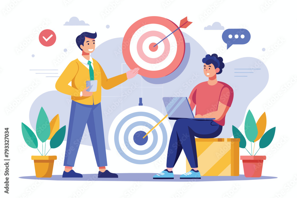 Aufkleber two men are discussing annual business targets while standing in front of a target, two men discuss 