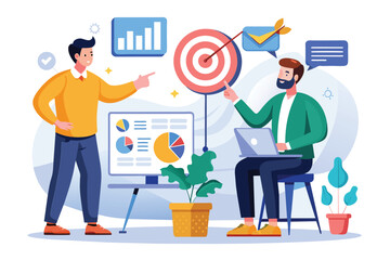 Two men are pointing at a dart and a target, discussing annual business goals, Two men discuss annual business targets, Simple and minimalist flat Vector Illustration