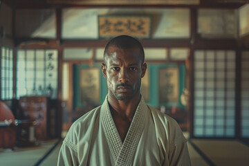 Obraz premium A focused martial arts instructor stands in a dojo with traditional decor.