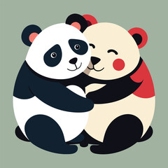 Obraz premium Two panda bears embrace each other in a heartfelt hug, Two pandas hugging each other, Simple and minimalist flat Vector Illustration