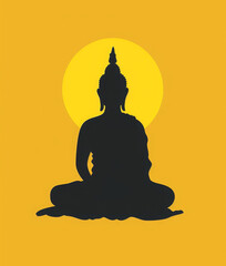 Black silhouette of Buddha in lotus position, bright yellow silhouette of a circle behind Buddha. Yellow background. Minimalistic illustration