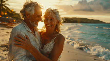 Fototapeta premium A mature couple is dancing and laughing on a beach at sunset, with waves and palm trees in the background.