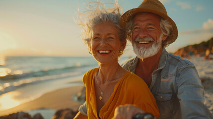 A joyful mature couple dancing on a beach at sunset, sharing a happy moment together.
