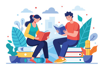 Obraz premium A man and a woman sitting together on a stack of books, engaged in group work, Two people are doing group work with books trending, Simple and minimalist flat Vector Illustration
