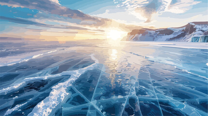 Baikal lake in winter with cracked blue ice. 