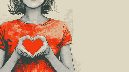 vintage portrait of a modern beautiful girl holding a heart between the fingers, graphic illustration with copy space